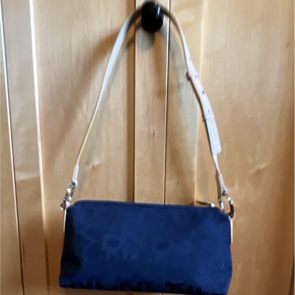 DKNY Navy & Tan Shoulder Bag, Adjustable Tan Leather Strap, Zipper Accent